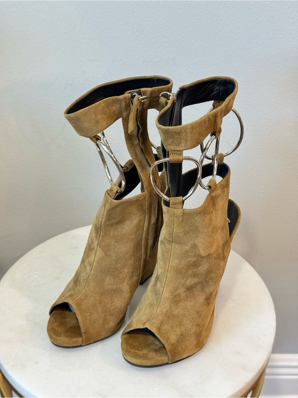 Giuseppe Zanotti Tan Suede Peep-Toe Ankle Booties with Silver Ring Accents